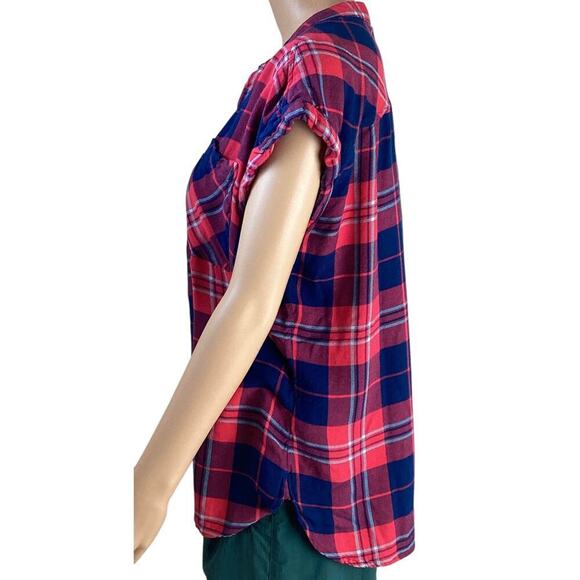 Gap Soft plaid popover short-sleeved V-neck cuffed sleeves L - Picture 2 of 4